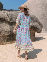Printed Puff Sleeve Ruched Midi Dress - Femstylo