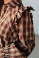 Red Plaid Print Ruffled Long Sleeve Patchwork Hem Mini Shirt Dress