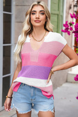 Multicolour Colorblock Notch V Neck Knit T Shirt