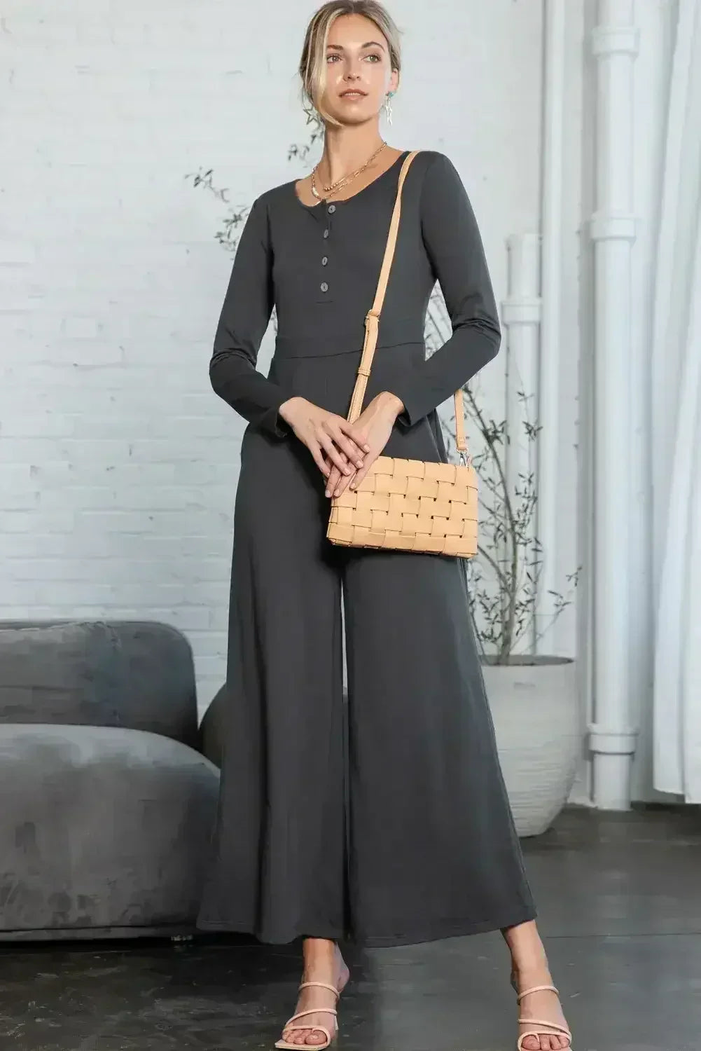 Dark Grey Henley Long Sleeve Wide Leg Jumpsuit with Pockets - Femstylo