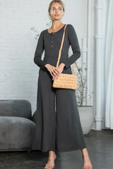 Dark Grey Henley Long Sleeve Wide Leg Jumpsuit with Pockets - Femstylo