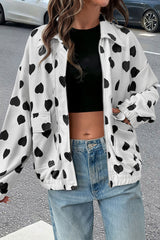 White Zipper Heart Print Collared Jacket