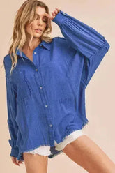 Aemi + Co Raw Edge Exposed Seam Collared Neck Long Sleeve Shirt - Femstylo