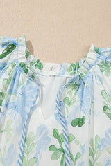 Sky Blue Floral Contrast Edge Ruffle Sleeve Tie Neck Mini Dress - Femstylo