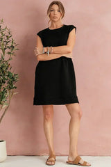Black Textured Cap Sleeve T Shirt Shift Mini Dress - Femstylo