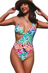 Multicolor Leopard Kiss Print Asymmetric Cutout One Piece Swimwear - Femstylo