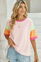 Light Blue Color Block Sleeve Round Neck Oversize Top - Femstylo