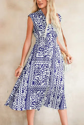 Dirty Blue Floral Print Smocked Waist Sleeveless Dress - Femstylo