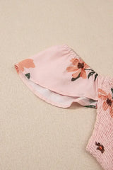 Pink Floral V Neck Smocked High Waist Ruffle Hem Maxi Dress - Femstylo