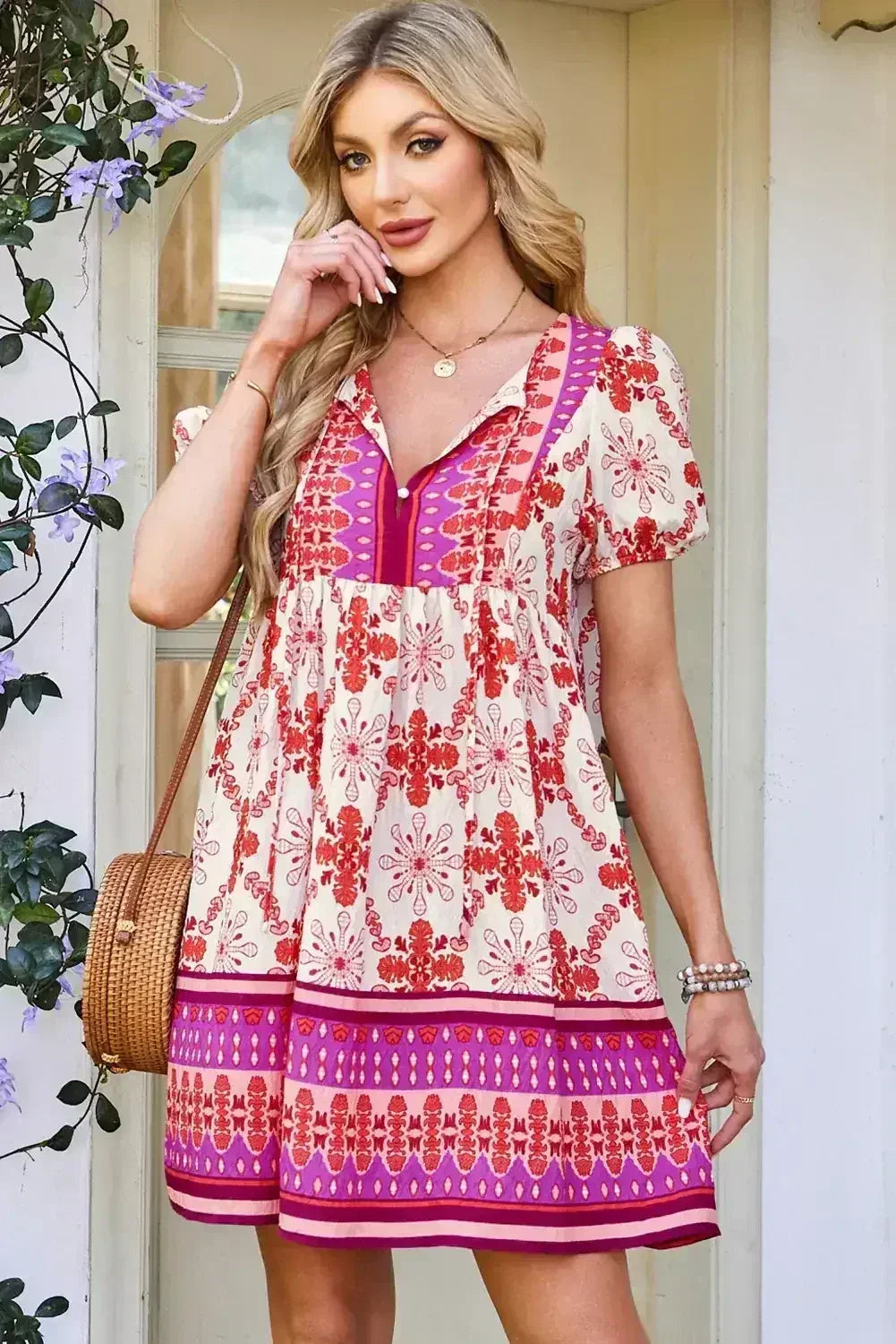 Rose Boho Floral Short Sleeve Tie V Neck Mini Dress - Femstylo