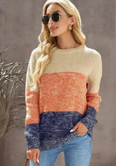 Color Block Round Neck Long Sleeve Sweater - Femstylo