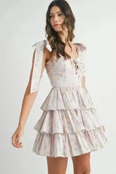 MABLE Floral Print Shoulder Tie Layered Mini Dress - Femstylo