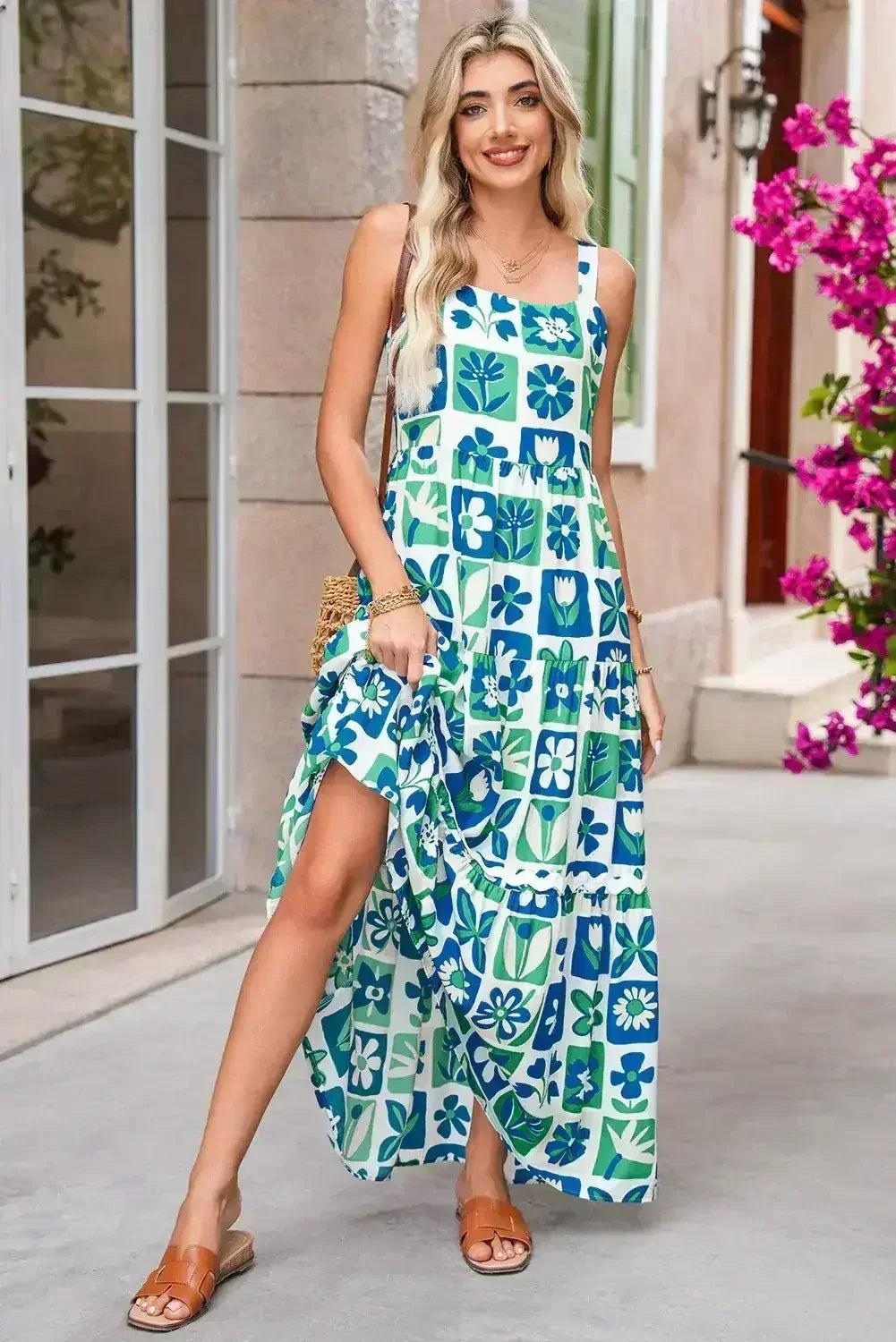 Multicolour Boho Floral Checkered Maxi Dress - Femstylo