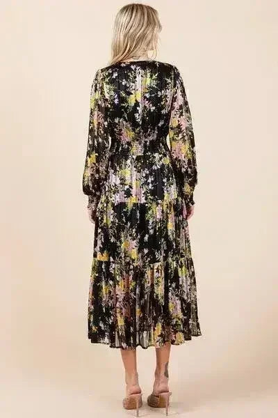 Mittoshop Flower Print Satin Lurex Stripe Smocked Midi Dress - Femstylo