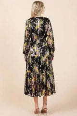 Mittoshop Flower Print Satin Lurex Stripe Smocked Midi Dress - Femstylo