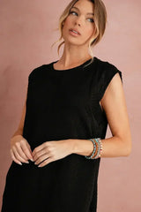 Black Textured Cap Sleeve T Shirt Shift Mini Dress - Femstylo