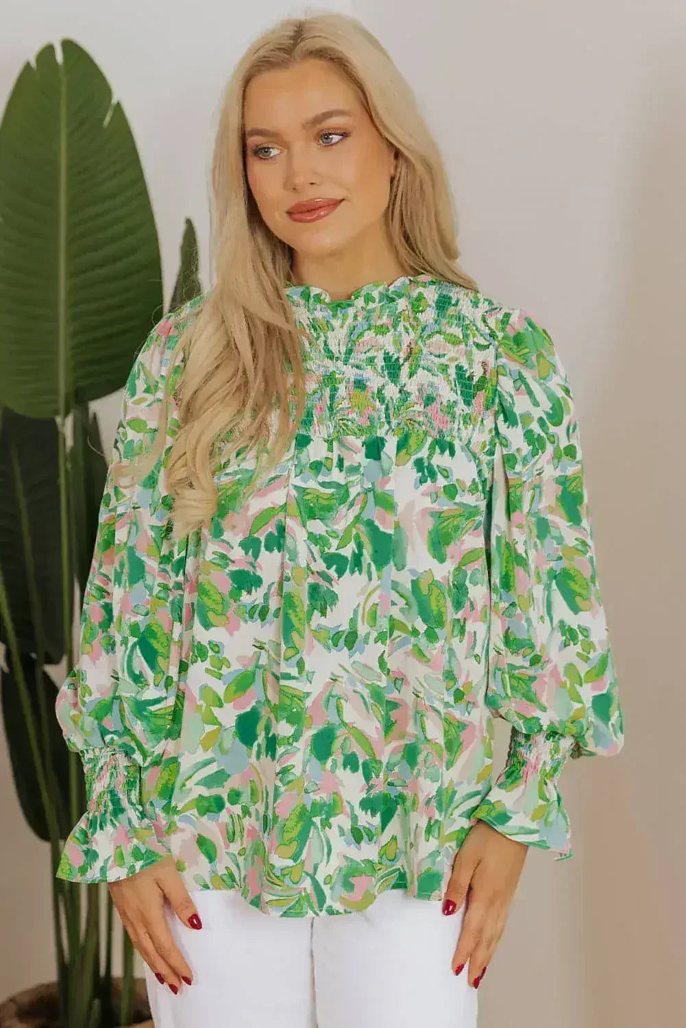 Leaf Print Flounce Sleeve Blouse - Botanical Top | Femstylo - Femstylo