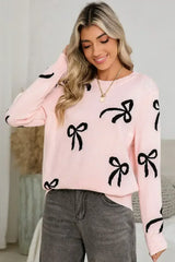 Light Pink Bow Print Long Sleeve Loose Fit Sweater - Femstylo