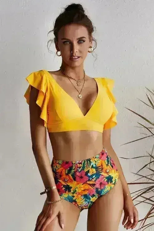 Floral Ruffled Bikini Set - High Waist Tropical Print | Femstylo - Femstylo