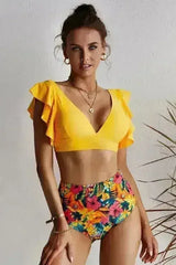 Floral Ruffled Bikini Set - High Waist Tropical Print | Femstylo - Femstylo