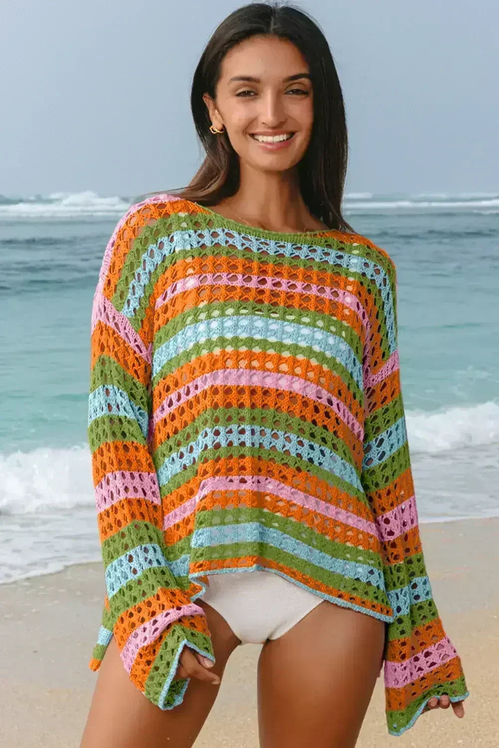 Purple Striped Hollow Knit Summer Beach Cover Up - Femstylo