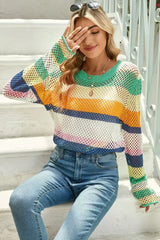 Green Colorblock Striped Hollow Knitted Top - Femstylo