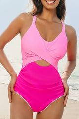 Rose Red Ric Rac Trim Colorblock Cutout One Piece Swimsuit - Femstylo