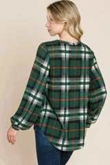 BOMBOM Curved Hem Plaid Round Neck Long Sleeve Top - Femstylo