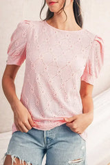 White Embroidered Floral Geometric Button Short Sleeve Top | Femstylo - Femstylo