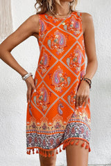 Orange Floral Sleeveless Tassel Trim Shift Mini Dress