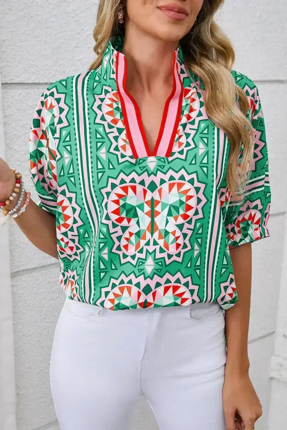 Sea Green Boho Geometric Print Color Neckline Blouse | Femstylo - Femstylo