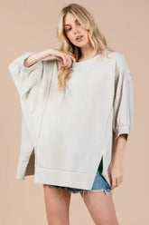 Ces Femme Side Slit Drop Shoulder Puff Sleeve Sweatshirt - Femstylo