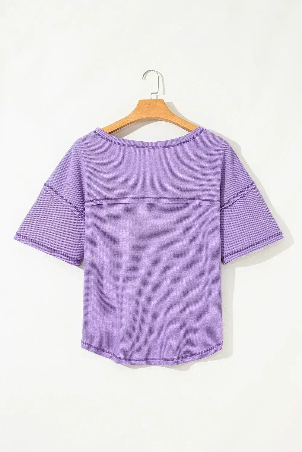 Blue Exposed Seam Drop Sleeve V Neck Waffle Textured Top - Femstylo