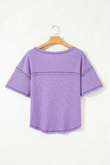 Blue Exposed Seam Drop Sleeve V Neck Waffle Textured Top - Femstylo