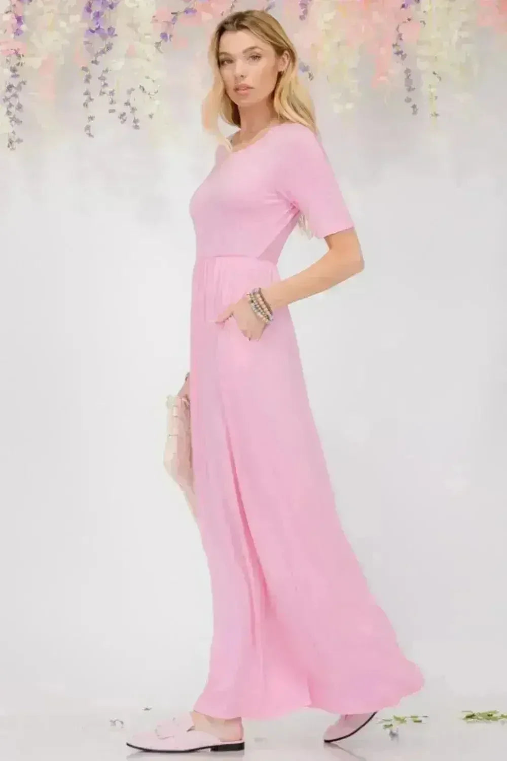 Celeste Plus Size Round Neck Short Sleeve Maxi Dress with Pockets - Femstylo