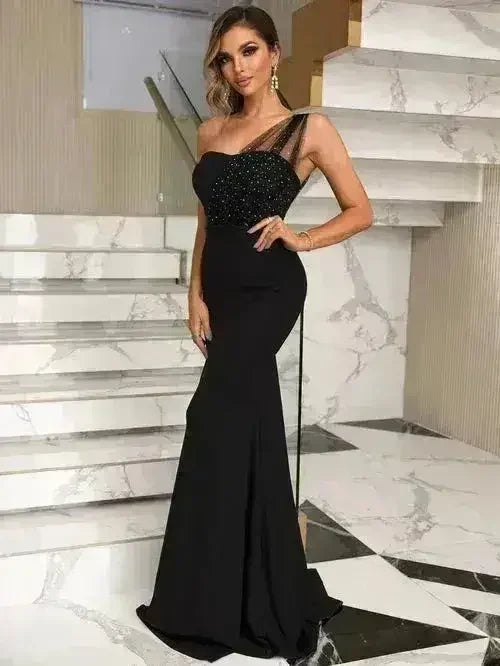 Rhinestone One-Shoulder Formal Dress – Elegant Evening Gown - Femstylo