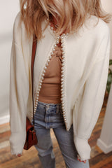 White Pearl Embellished Open Front Elegant Cardigan