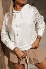 White Lace Patchwork Sleeve Drawstring Hoodie - Femstylo