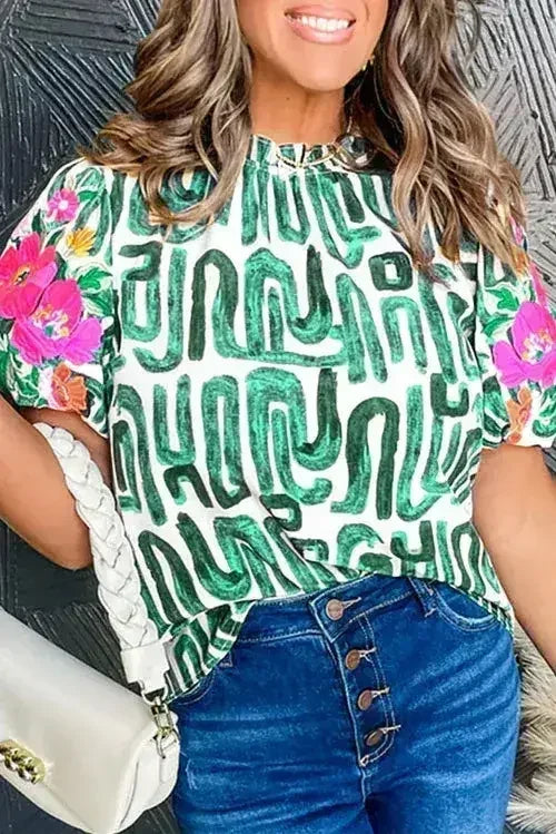 Beige Embroidered Puff Sleeve Frilled Neck Printed Top | Femstylo - Femstylo