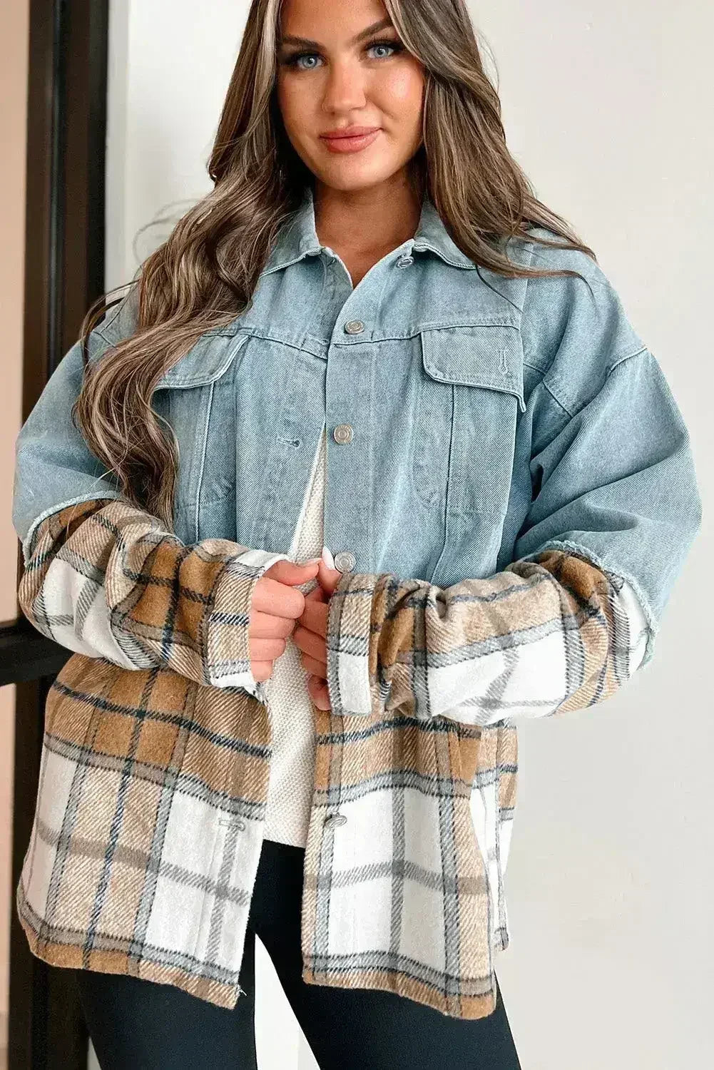 Khaki Plaid Patchwork Buttoned Oversized Denim Jacket - Femstylo