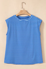 Black Stripe Ribbed Cap Sleeve Round Neck T Shirt