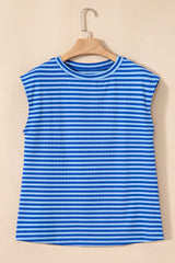 Black Stripe Ribbed Cap Sleeve Round Neck T Shirt