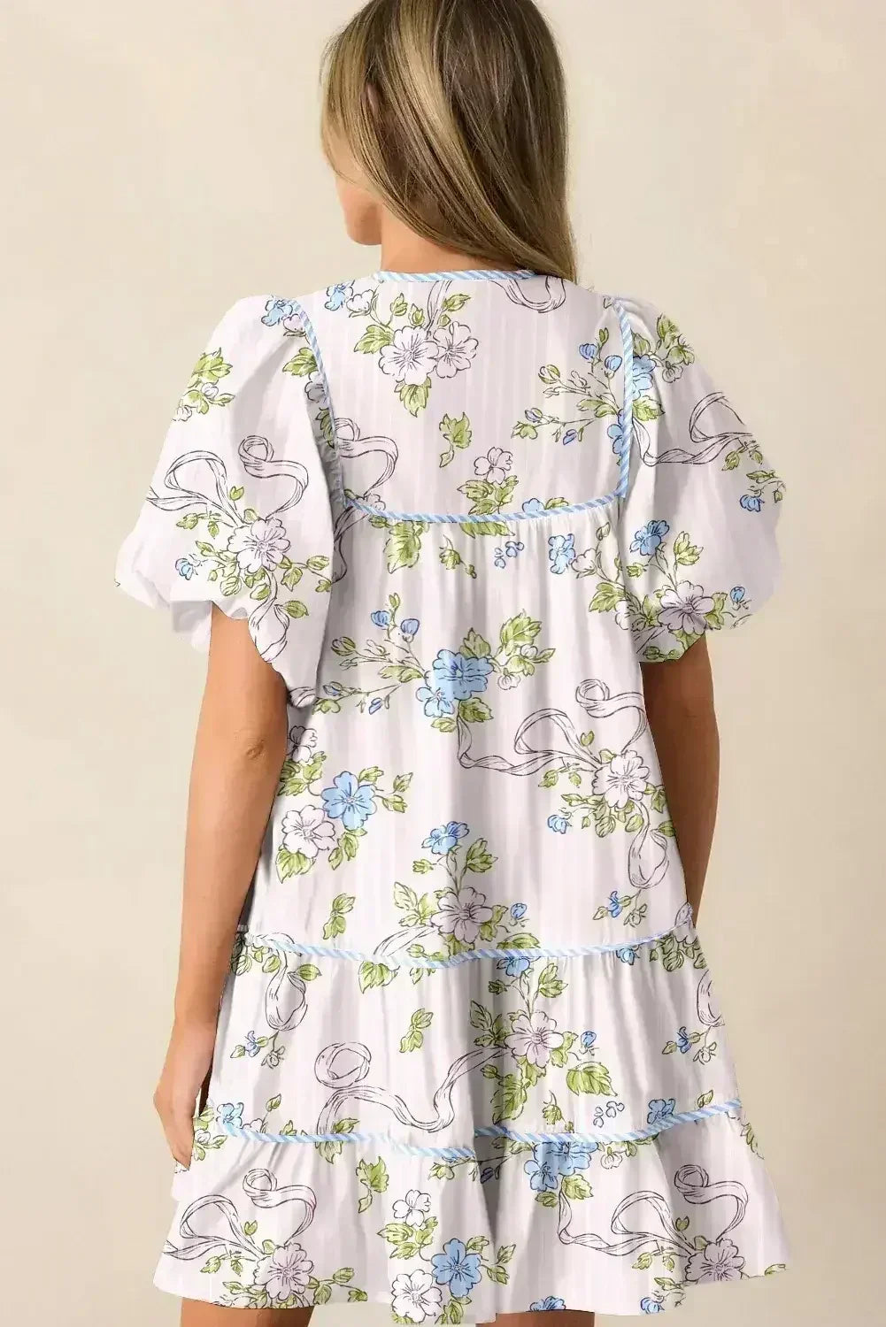 Pink Floral Striped Print Contrast Trim Tie Split Neck Mini Dress - Femstylo