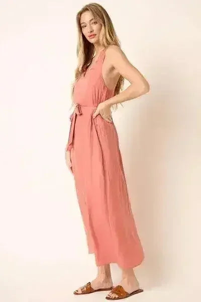 Mittoshop Cross Back Belted V Neck Tank Maxi Dress - Femstylo