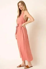 Mittoshop Cross Back Belted V Neck Tank Maxi Dress - Femstylo