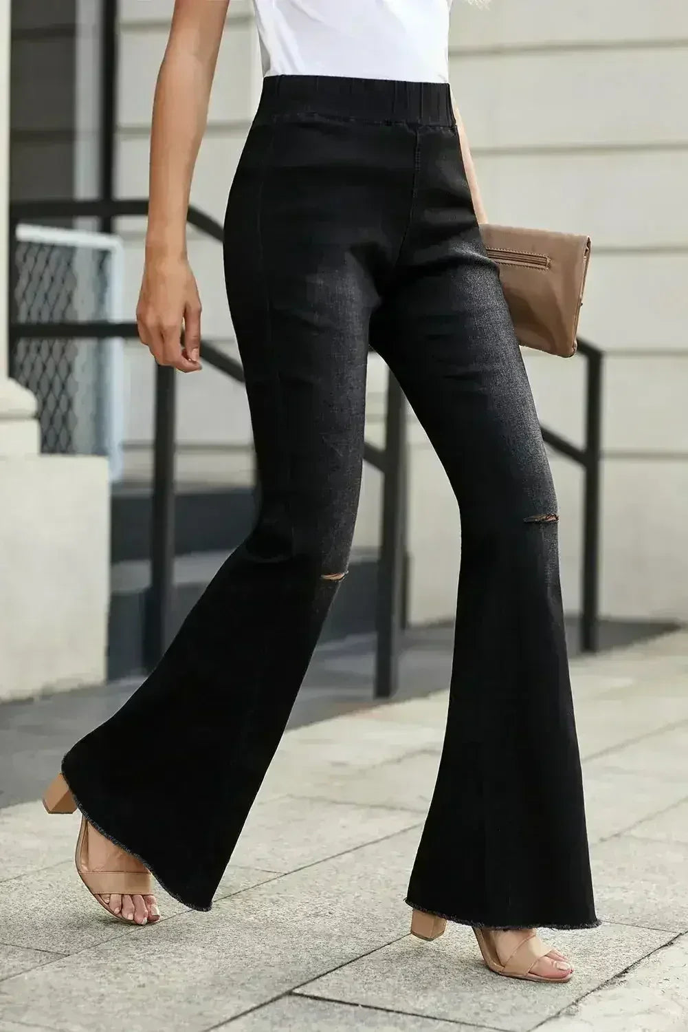 Black Distressed Ripped Bell Bottom Denim Pants - Femstylo