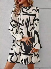Printed Mock Neck Long Sleeve Mini Dress - Femstylo