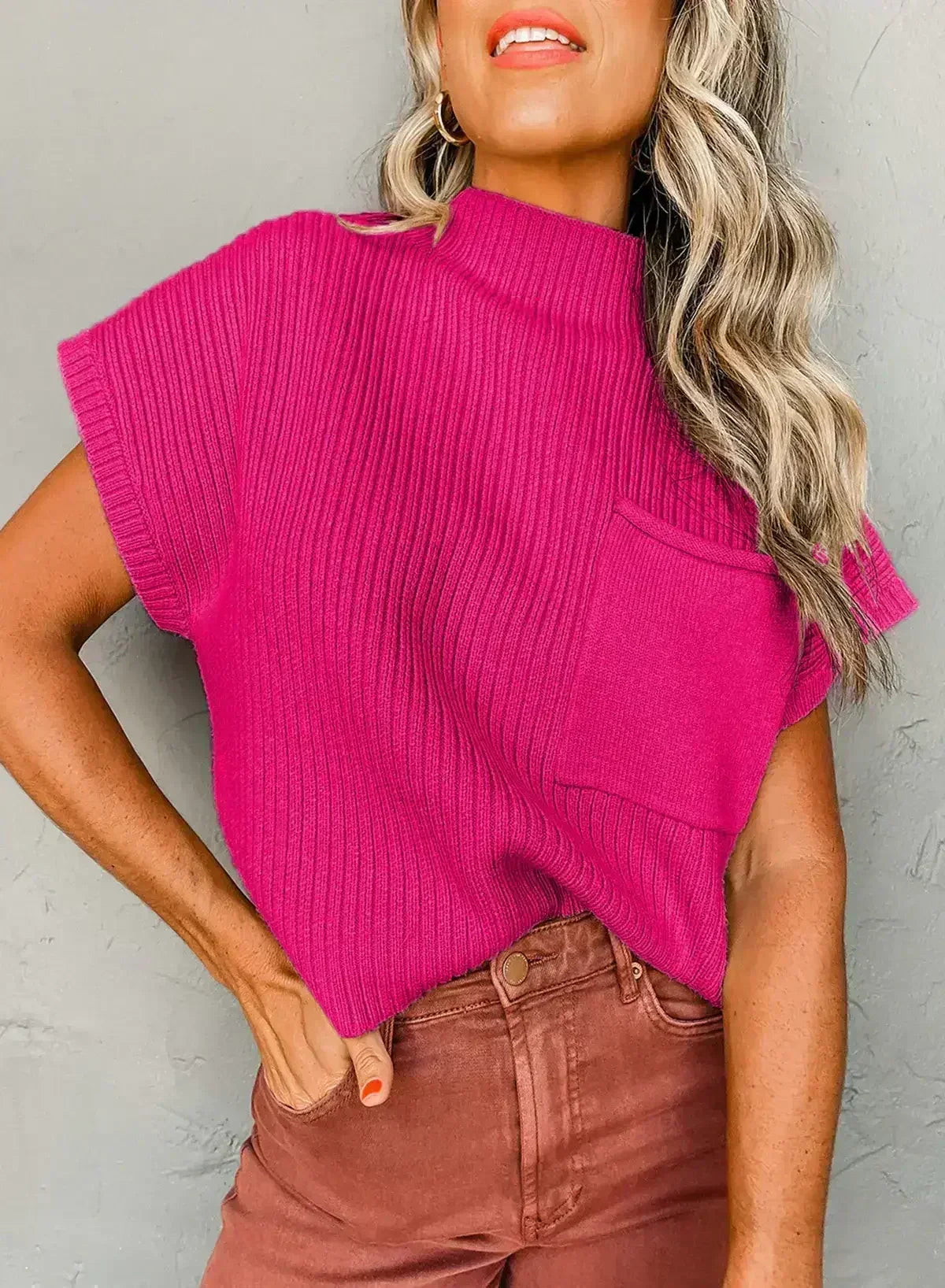 Mineral Red Patch Pocket Ribbed Knit Short Sleeve Sweater - Femstylo