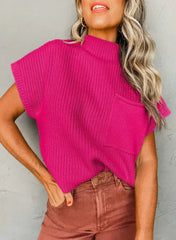 Mineral Red Patch Pocket Ribbed Knit Short Sleeve Sweater - Femstylo