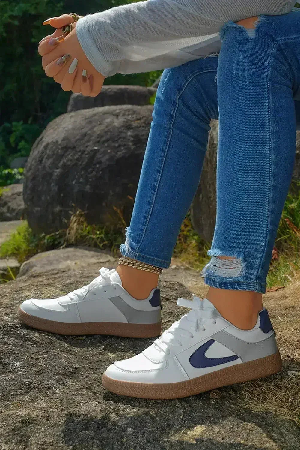 Navy Blue PU Leather Lace Up Sneakers - Femstylo